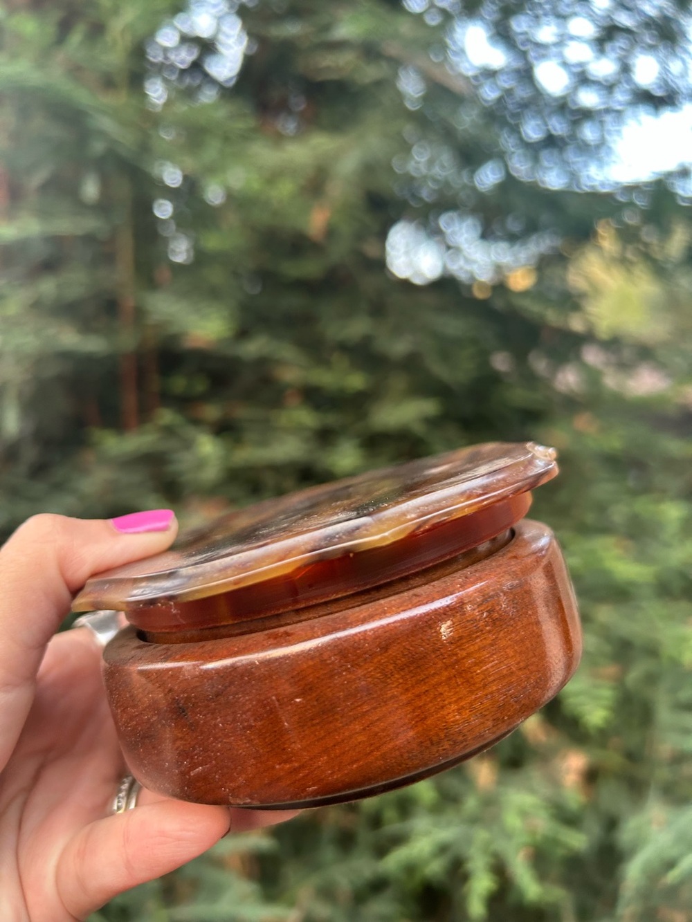 Vintage Wooden Jar with Amber Lid Accessory trinket decor